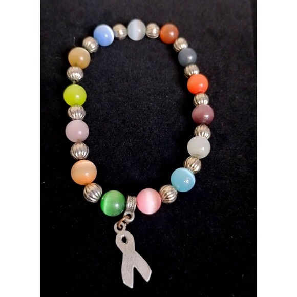 Colorful Beads & Silver Beads & Plated Hope Ribbon Cancer Awareness Bracelet - Picture 3 of 3